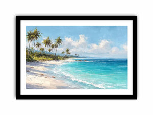 Tropical beach canvas art with palm trees and turquoise ocean for coastal living room decor.