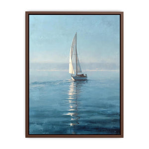 Misty blue sailboat canvas art in a refined coastal style for bedroom or office decor.
