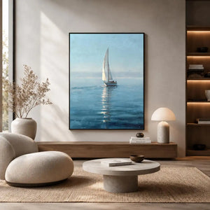 Misty blue sailboat canvas art in a refined coastal style for bedroom or office decor.