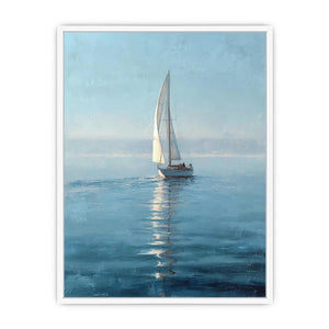 Misty blue sailboat canvas art in a refined coastal style for bedroom or office decor.