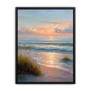 Soft sunset beach canvas art with waves and grass for elegant coastal bedroom decor.
