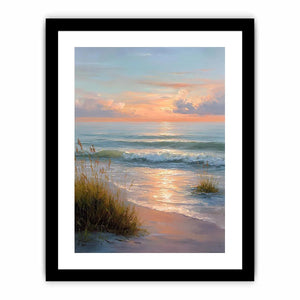 Soft sunset beach canvas art with waves and grass for elegant coastal bedroom decor.