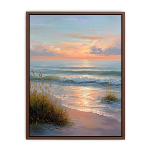 Soft sunset beach canvas art with waves and grass for elegant coastal bedroom decor.