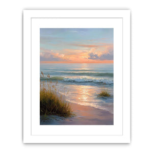 Soft sunset beach canvas art with waves and grass for elegant coastal bedroom decor.