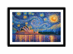 Sydney Opera House canvas art with starry blue sky for modern living room decor.