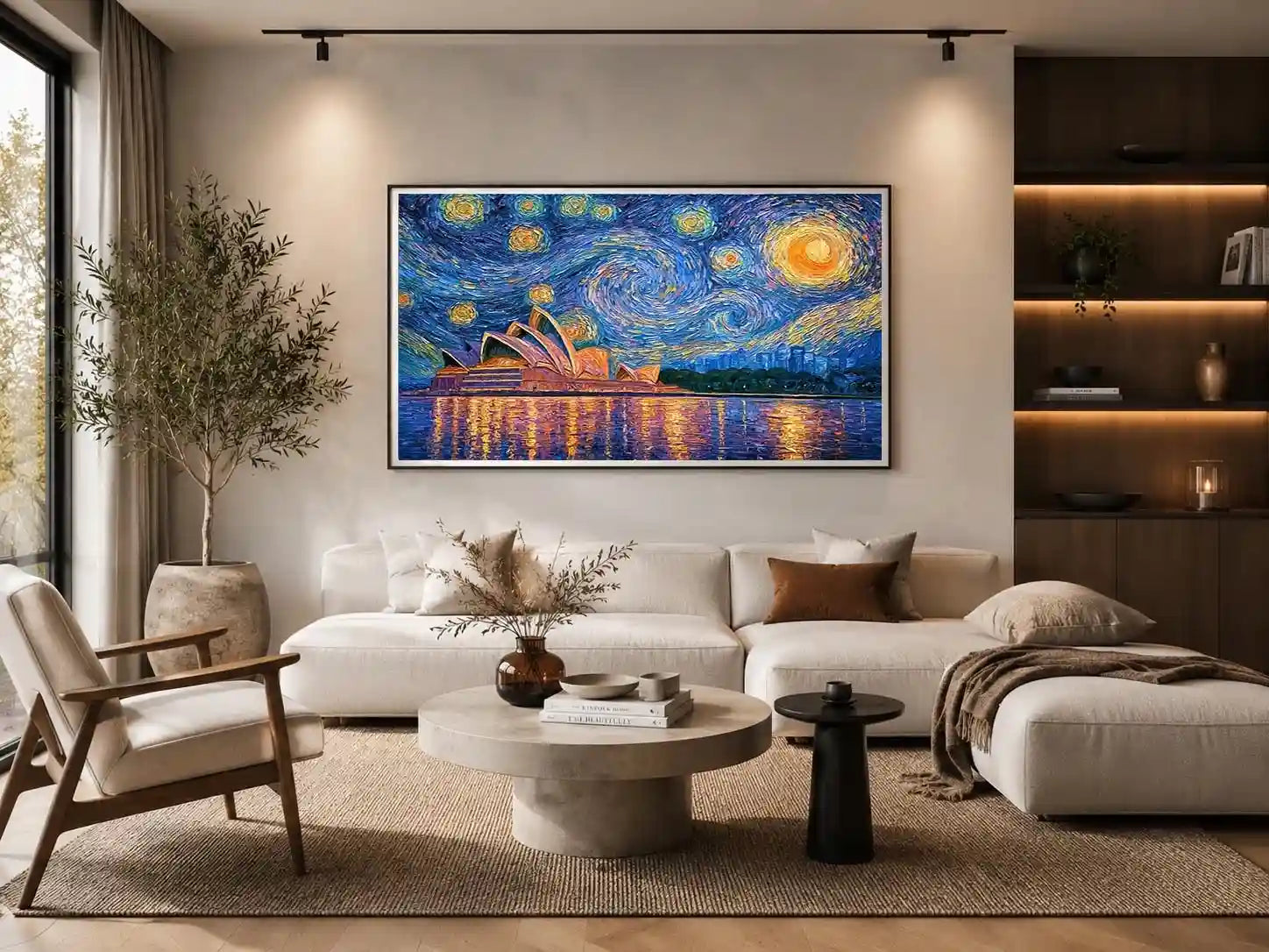 Sydney Opera House canvas art with starry blue sky for modern living room decor.