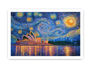 Sydney Opera House canvas art with starry blue sky for modern living room decor.