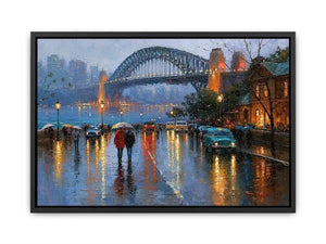 Rainy Sydney Harbour Bridge canvas art with city lights for sophisticated office decor.