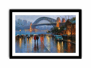 Rainy Sydney Harbour Bridge canvas art with city lights for sophisticated office decor.