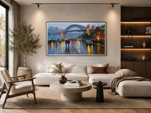 Rainy Sydney Harbour Bridge canvas art with city lights for sophisticated office decor.