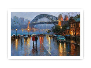 Rainy Sydney Harbour Bridge canvas art with city lights for sophisticated office decor.