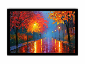 Autumn pathway canvas art with glowing lamps and wet reflections for warm living room decor.