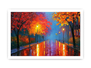 Autumn pathway canvas art with glowing lamps and wet reflections for warm living room decor.
