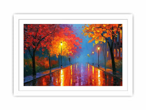 Autumn pathway canvas art with glowing lamps and wet reflections for warm living room decor.
