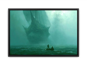 Misty teal boat canvas art beneath cliffs for moody modern office or bedroom decor.