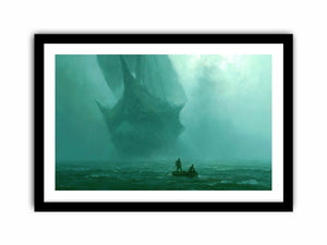 Misty teal boat canvas art beneath cliffs for moody modern office or bedroom decor.
