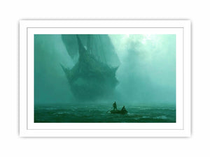 Misty teal boat canvas art beneath cliffs for moody modern office or bedroom decor.