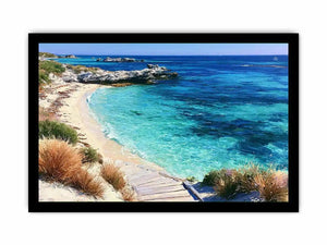 Clear turquoise beach canvas art with walkway and rocks for fresh coastal living room decor.