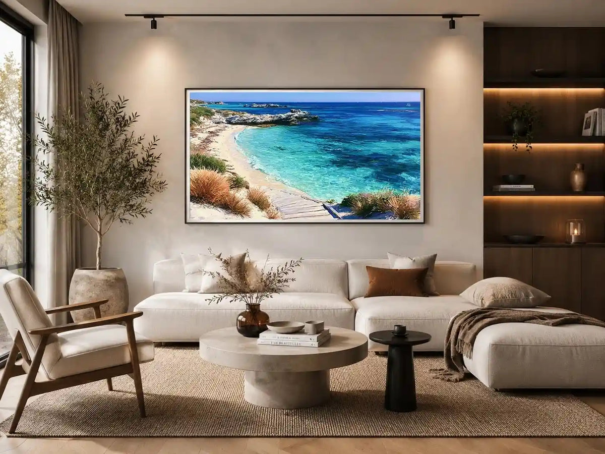 Clear turquoise beach canvas art with walkway and rocks for fresh coastal living room decor.