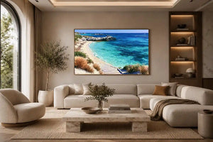Clear turquoise beach canvas art with walkway and rocks for fresh coastal living room decor.