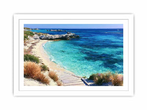 Clear turquoise beach canvas art with walkway and rocks for fresh coastal living room decor.
