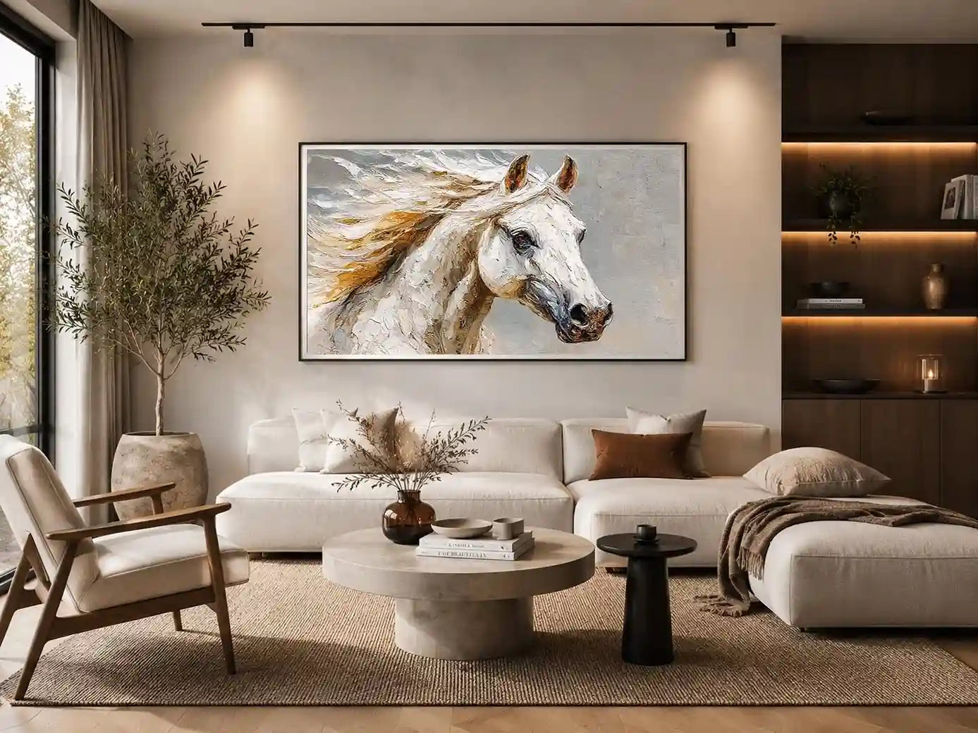 Textured white horse canvas art portrait for rustic modern living room or office decor.