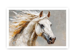 Textured white horse canvas art portrait for rustic modern living room or office decor.