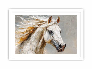 Textured white horse canvas art portrait for rustic modern living room or office decor.