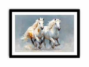 Two running white horses canvas art with textured neutral style for living room decor.