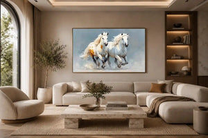 Two running white horses canvas art with textured neutral style for living room decor.