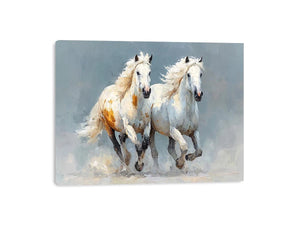 Two running white horses canvas art with textured neutral style for living room decor.
