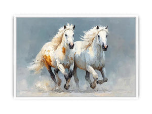Two running white horses canvas art with textured neutral style for living room decor.