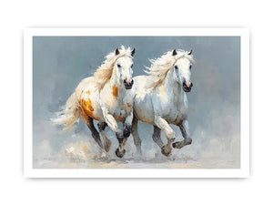 Two running white horses canvas art with textured neutral style for living room decor.