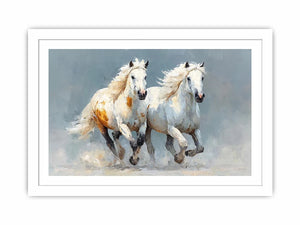 Two running white horses canvas art with textured neutral style for living room decor.