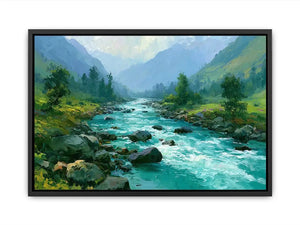 Mountain river canvas art with turquoise water and green valley for modern living room decor.