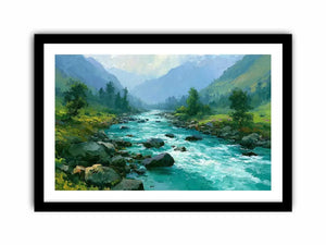 Mountain river canvas art with turquoise water and green valley for modern living room decor.