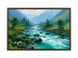 Mountain river canvas art with turquoise water and green valley for modern living room decor.