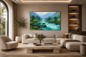 Mountain river canvas art with turquoise water and green valley for modern living room decor.
