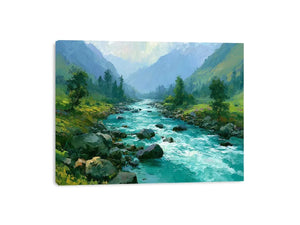 Mountain river canvas art with turquoise water and green valley for modern living room decor.