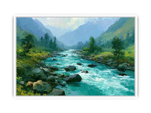 Mountain river canvas art with turquoise water and green valley for modern living room decor.