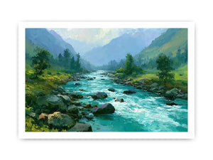 Mountain river canvas art with turquoise water and green valley for modern living room decor.