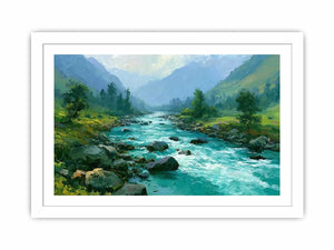 Mountain river canvas art with turquoise water and green valley for modern living room decor.