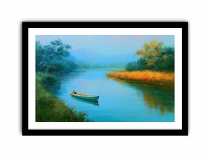 Calm river boat canvas art with trees and reflections for peaceful bedroom decor.