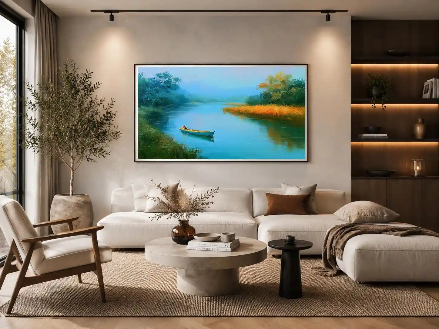 Calm river boat canvas art with trees and reflections for peaceful bedroom decor.