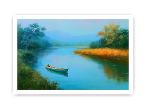 Calm river boat canvas art with trees and reflections for peaceful bedroom decor.