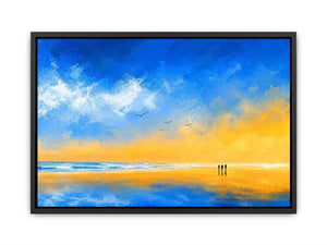 abstract beach canvas art with blue sky and golden sand for coastal living room decor.