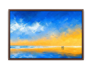 abstract beach canvas art with blue sky and golden sand for coastal living room decor.