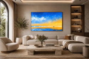 abstract beach canvas art with blue sky and golden sand for coastal living room decor.