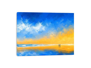 abstract beach canvas art with blue sky and golden sand for coastal living room decor.