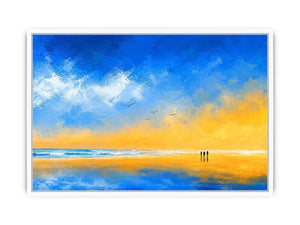 abstract beach canvas art with blue sky and golden sand for coastal living room decor.